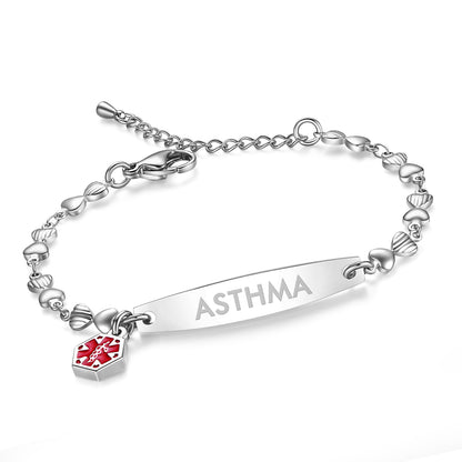 Heart Chain Medical Alert Bracelet for Women – 316L Stainless Steel | 14 Conditions Available