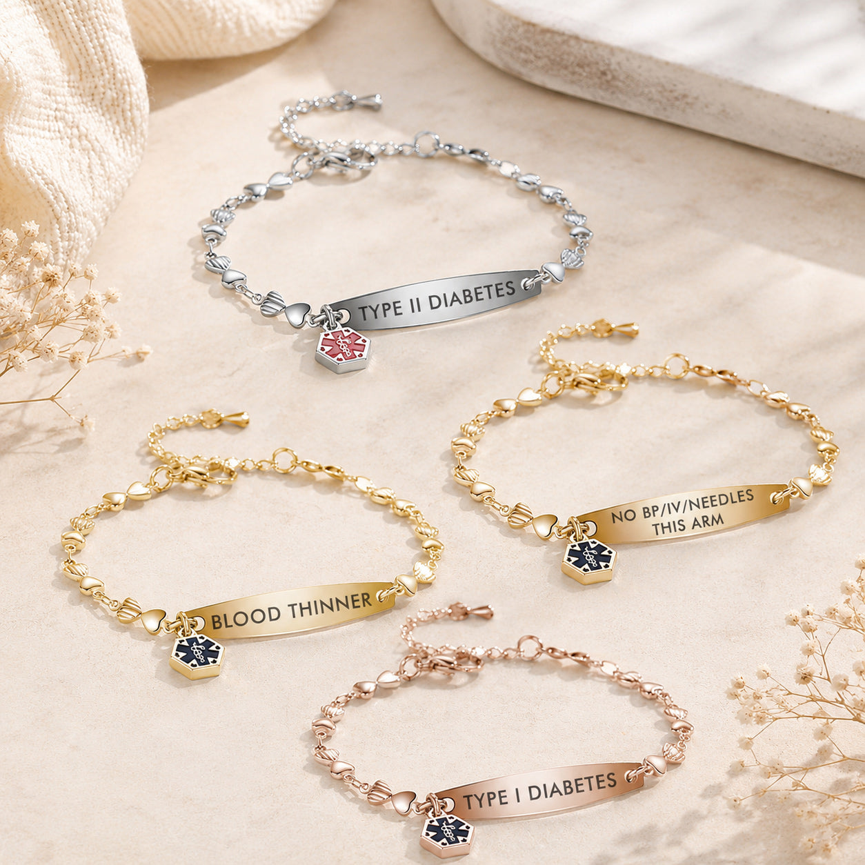 Heart Chain Medical Alert Bracelet for Women – 316L Stainless Steel | 14 Conditions Available