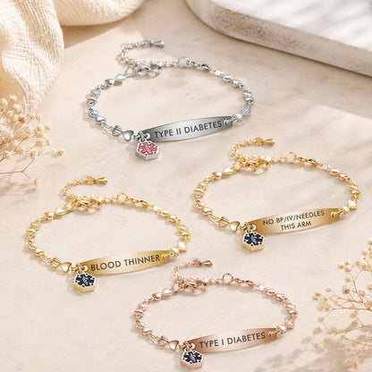 Heart Chain Medical Alert Bracelet for Women – 316L Stainless Steel | 14 Conditions Available