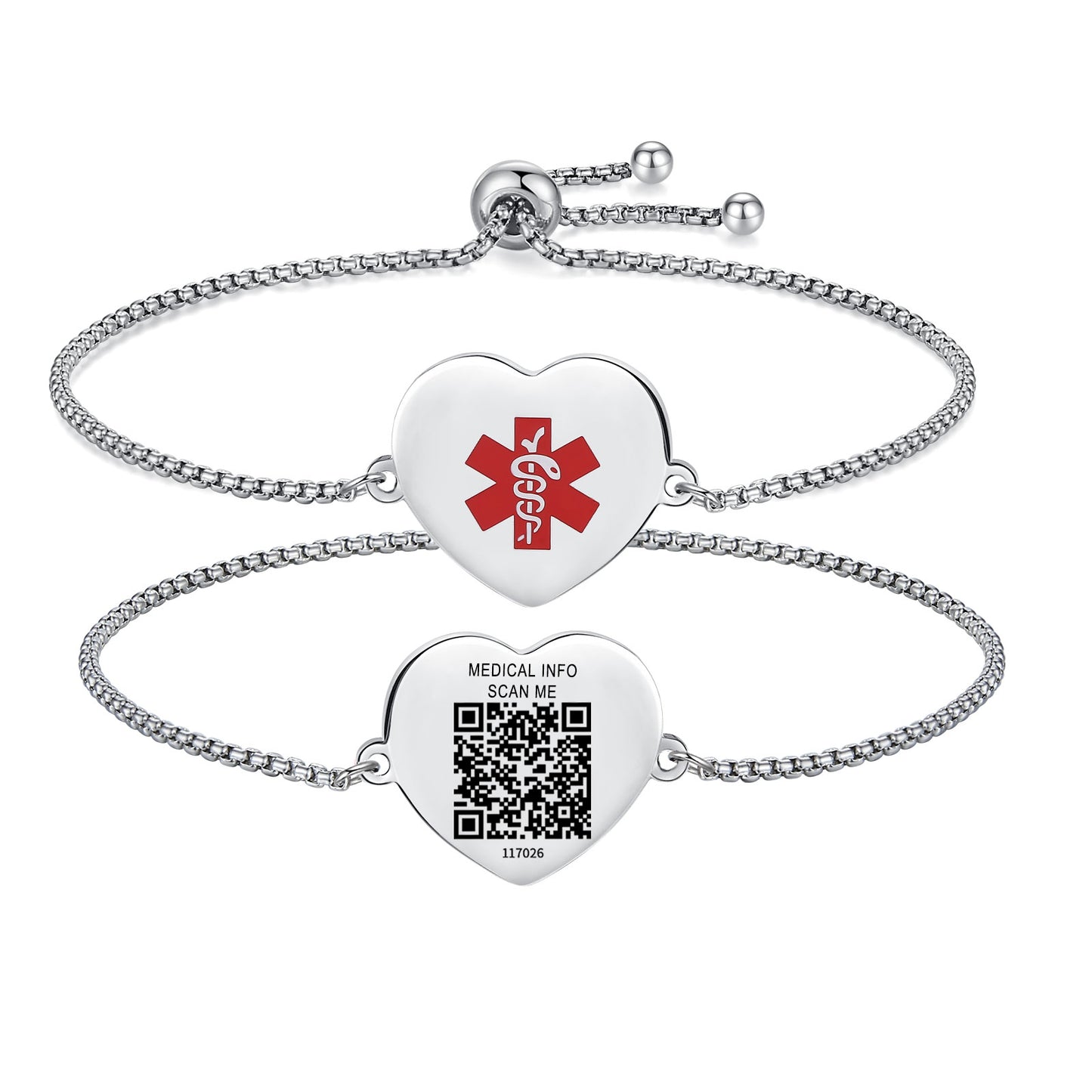 Medical Alert Bracelet with QR Code for women and girls Stainless steel Heart charm Medical id bracelet