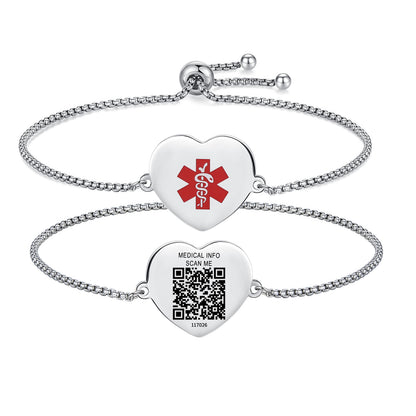 Medical Alert Bracelet with QR Code for women and girls Stainless steel Heart charm Medical id bracelet