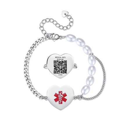Medical Alert Bracelet with QR Code for women and girls Stainless steel Heart charm Medical id bracelet