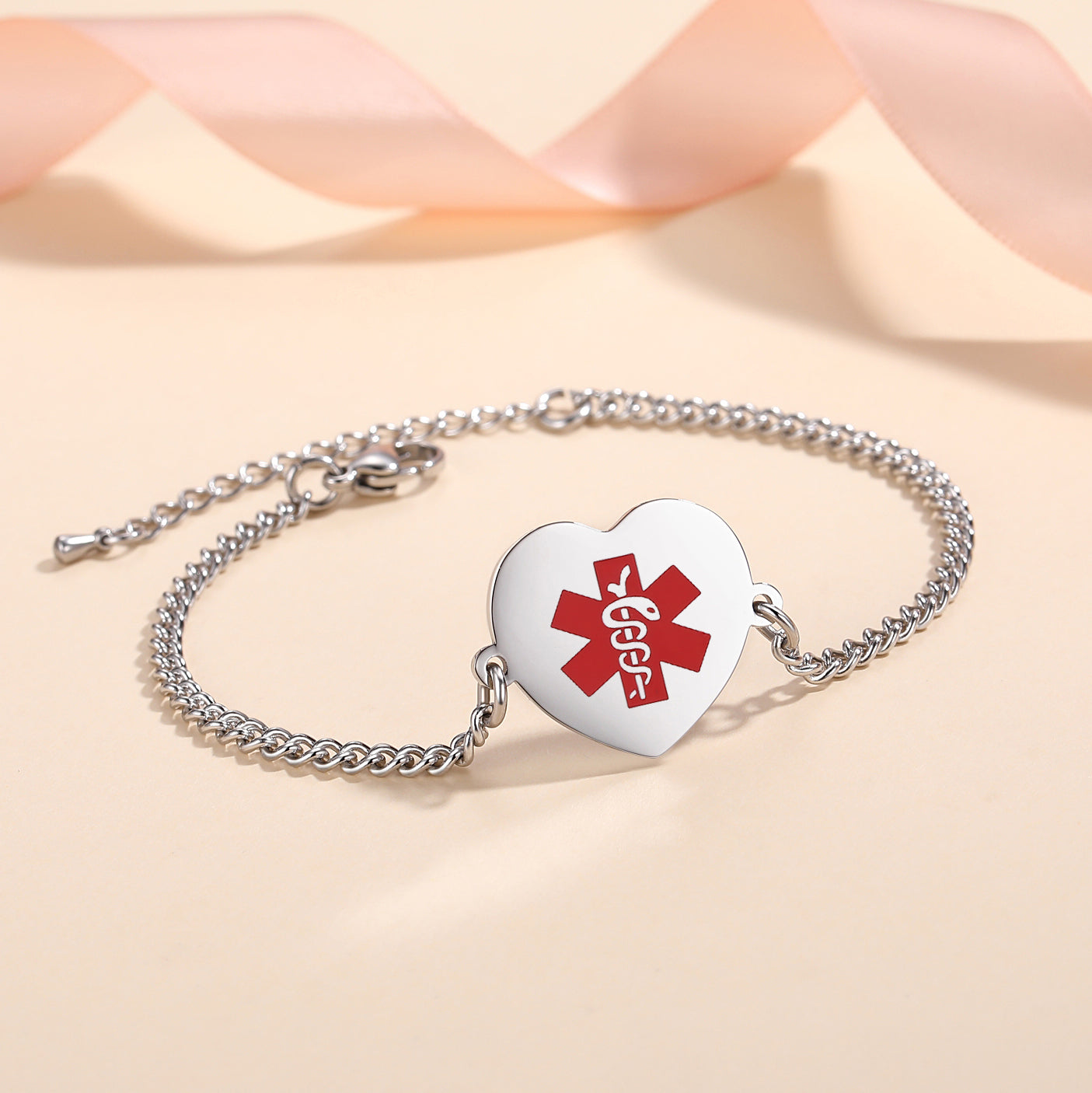 Medical Alert Bracelets for Women-Stainless steel Crub chain with heart charm medical id bracelet with Custom engraving