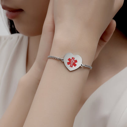 Medical Alert Bracelets for Women-Stainless steel Crub chain with heart charm medical id bracelet with Custom engraving