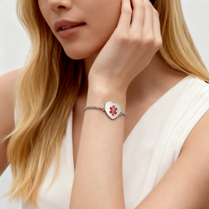 Medical Alert Bracelets for Women-Stainless steel Crub chain with heart charm medical id bracelet with Custom engraving
