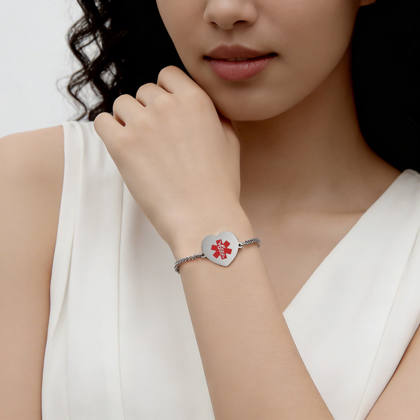 Medical Alert Bracelets for Women-Stainless steel Crub chain with heart charm medical id bracelet with Custom engraving