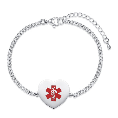 Medical Alert Bracelets for Women-Stainless steel Crub chain with heart charm medical id bracelet with Custom engraving
