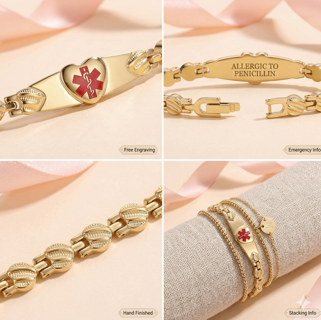 Heart Medical Alert Bracelet for Women – Stainless Steel | Custom Engraving | Adjustable 6-9"