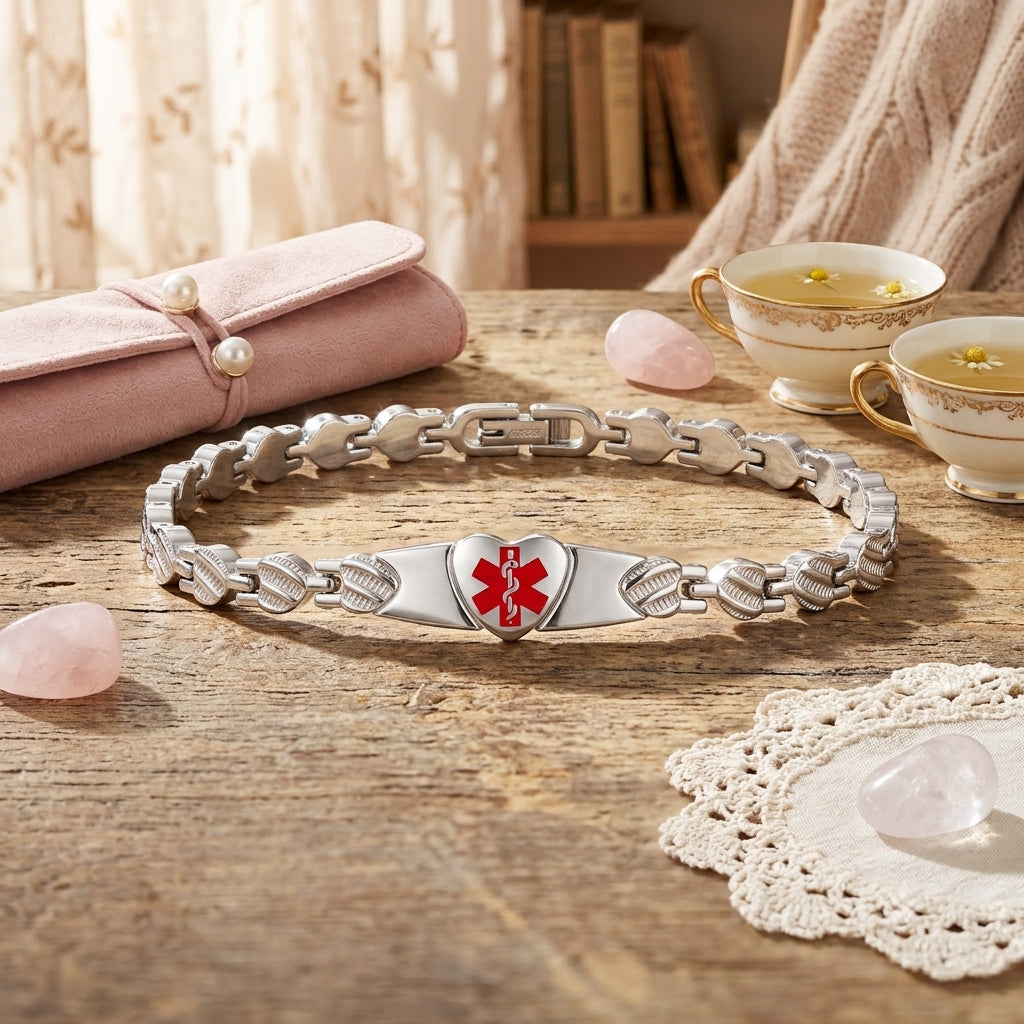 Heart Medical Alert Bracelet for Women – Stainless Steel | Custom Engraving | Adjustable 6-9"