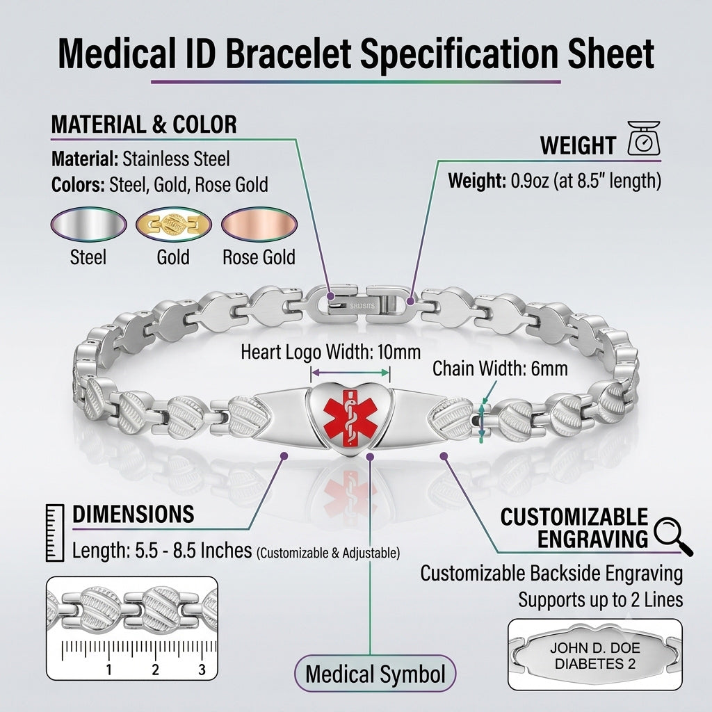 Heart Medical Alert Bracelet for Women – Stainless Steel | Custom Engraving | Adjustable 6-9"