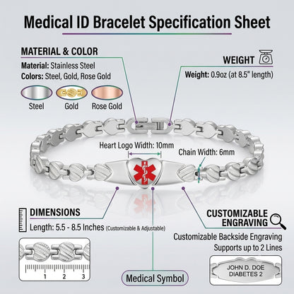 Heart Medical Alert Bracelet for Women – Stainless Steel | Custom Engraving | Adjustable 6-9"