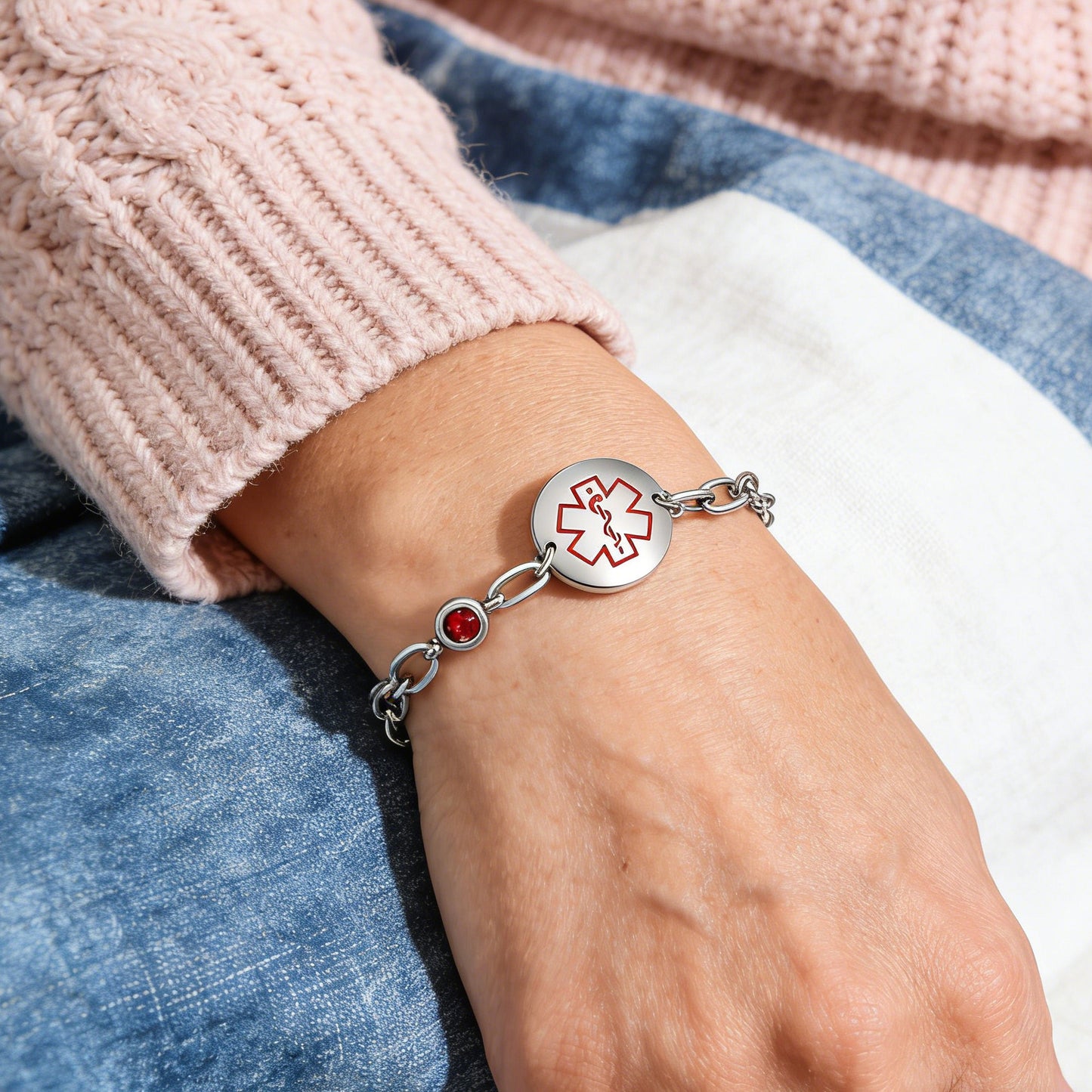 Birthstone qr code medical id bracelet for women,6.5-8.5 inch Adjustable,digital health status page