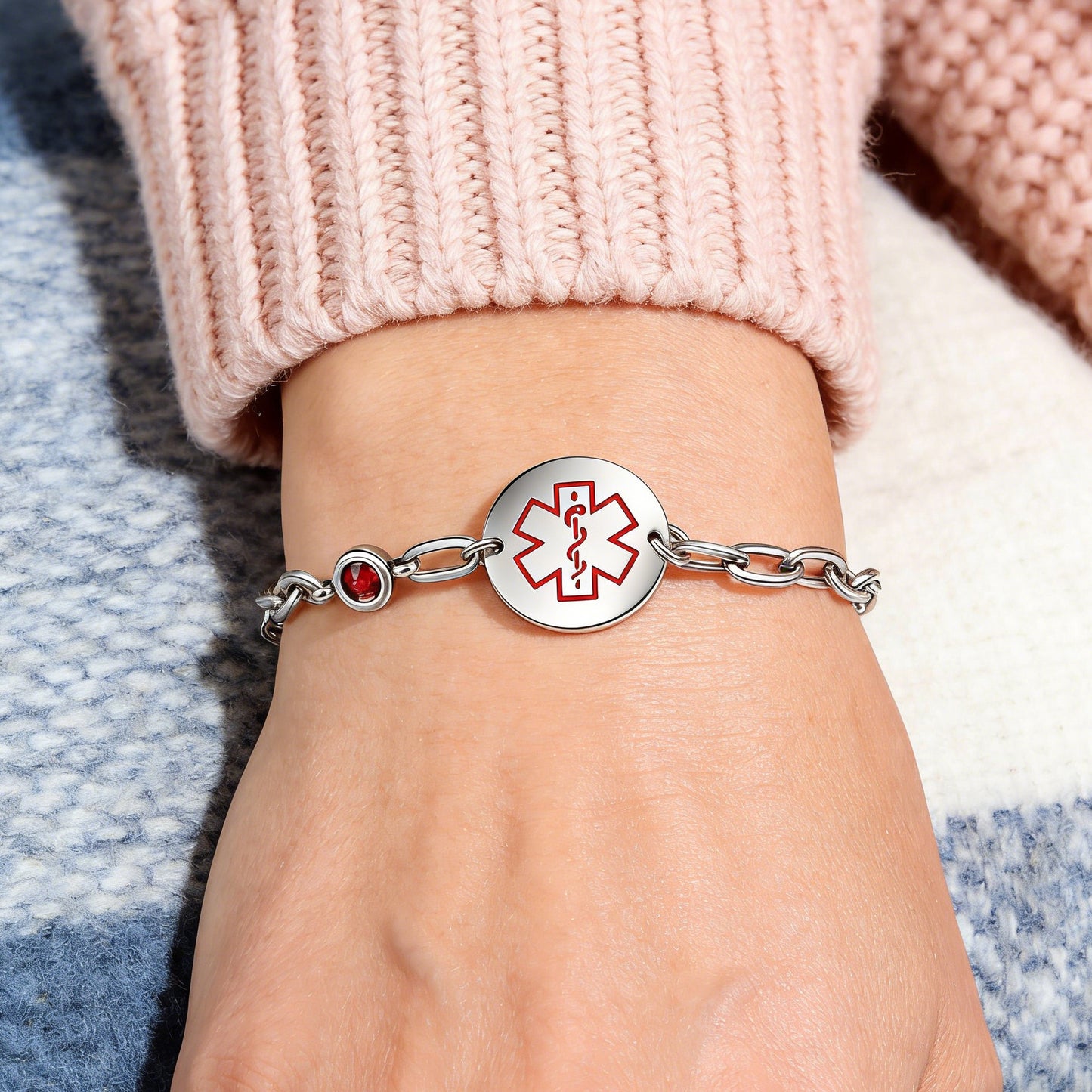 Birthstone qr code medical id bracelet for women,6.5-8.5 inch Adjustable,digital health status page