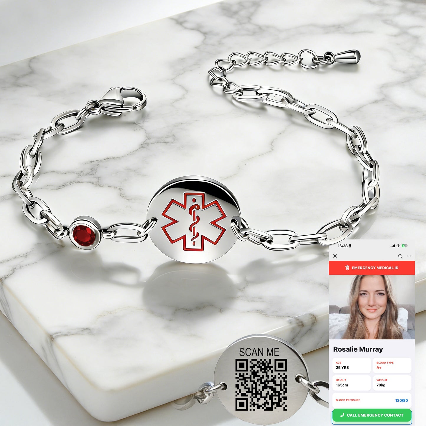 Birthstone qr code medical id bracelet for women,6.5-8.5 inch Adjustable,digital health status page