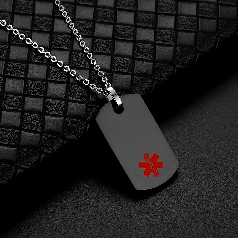 Stainless steel medical alert necklace for men black dog tags identity pendants with 24" chain