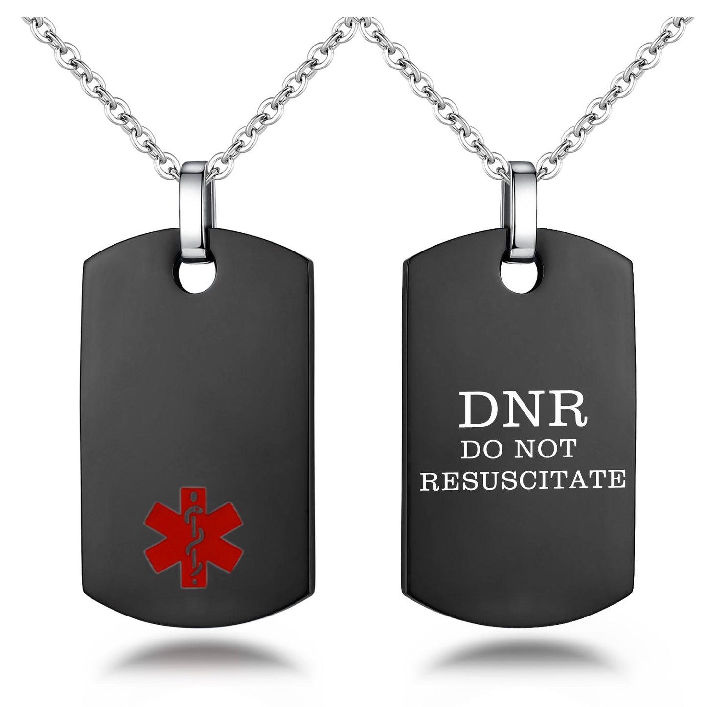 Stainless steel medical alert necklace for men black dog tags identity pendants with 24" chain