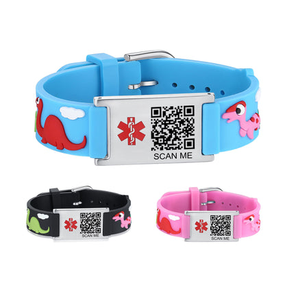 Cartoon dinosaur QR Code Medical Alert Bracelet for boys and girls kids  | digital health status page