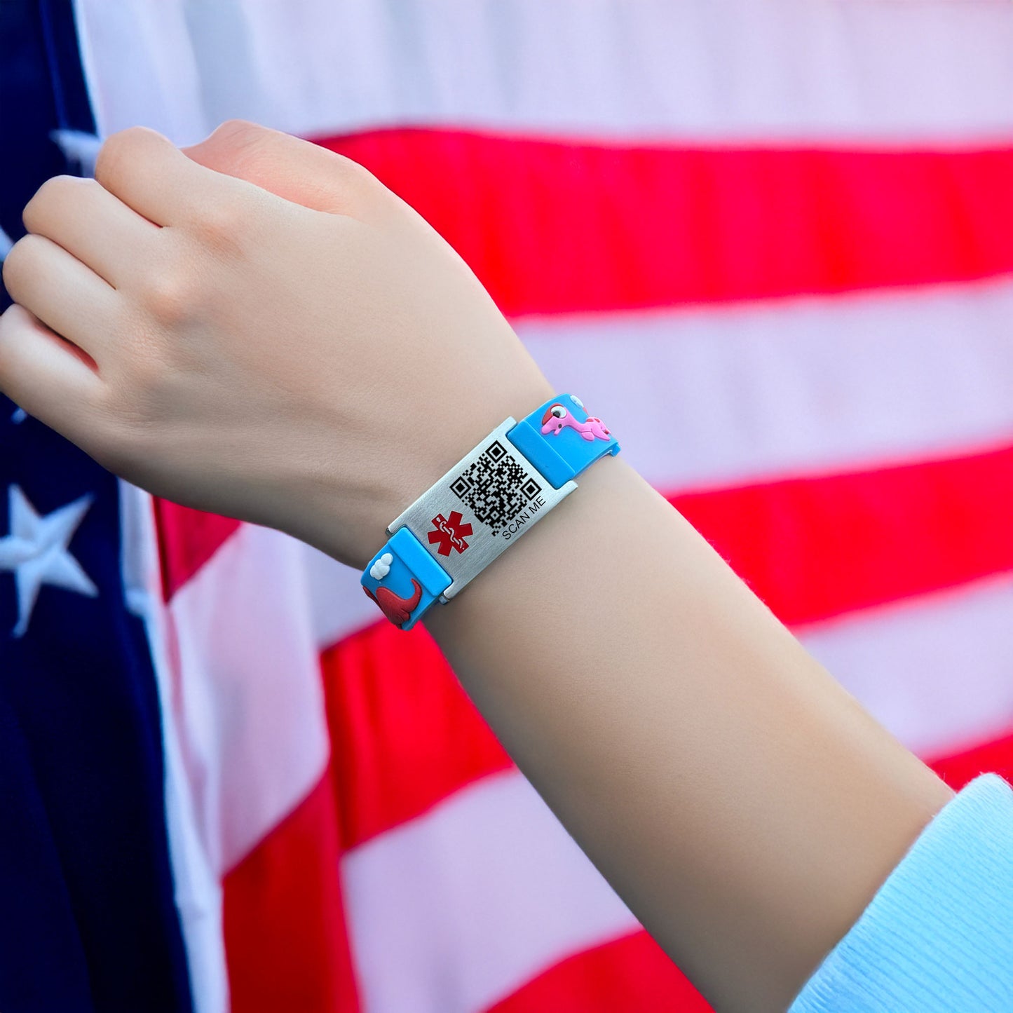 Cartoon dinosaur QR Code Medical Alert Bracelet for boys and girls kids  | digital health status page