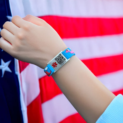 Cartoon dinosaur QR Code Medical Alert Bracelet for boys and girls kids  | digital health status page