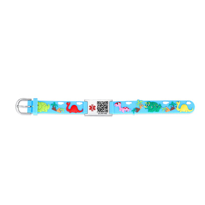 Cartoon dinosaur QR Code Medical Alert Bracelet for boys and girls kids  | digital health status page