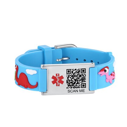 Cartoon dinosaur QR Code Medical Alert Bracelet for boys and girls kids  | digital health status page