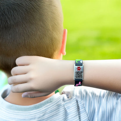 Cartoon dinosaur QR Code Medical Alert Bracelet for boys and girls kids  | digital health status page