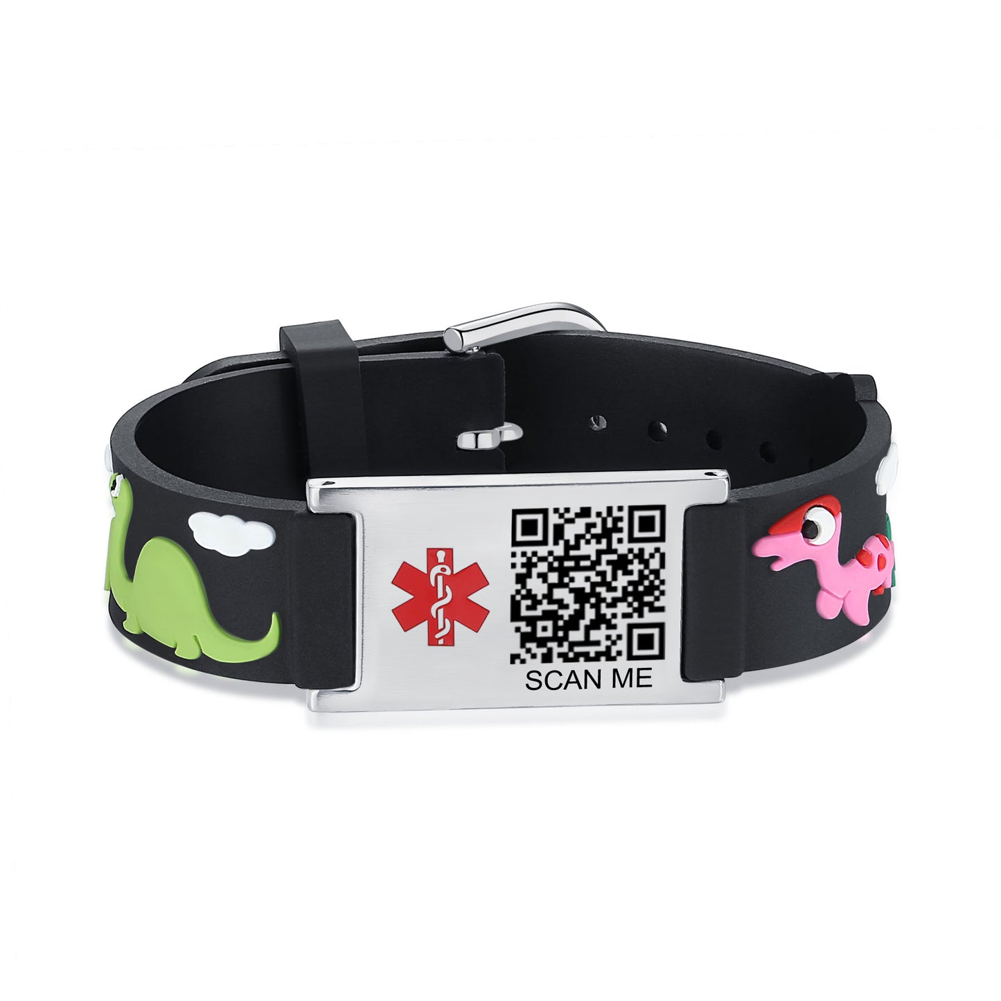 Cartoon dinosaur QR Code Medical Alert Bracelet for boys and girls kids  | digital health status page