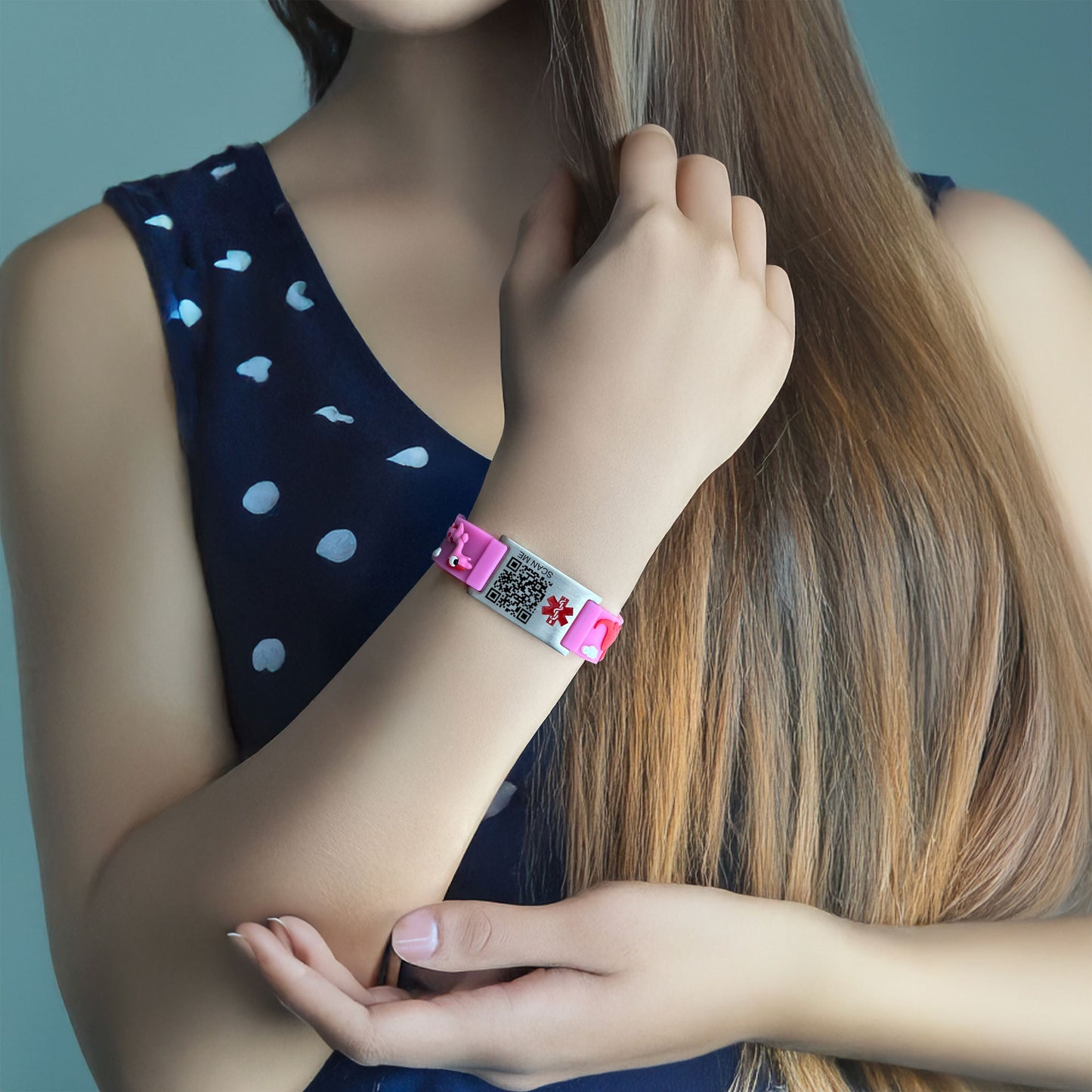 Cartoon dinosaur QR Code Medical Alert Bracelet for boys and girls kids  | digital health status page