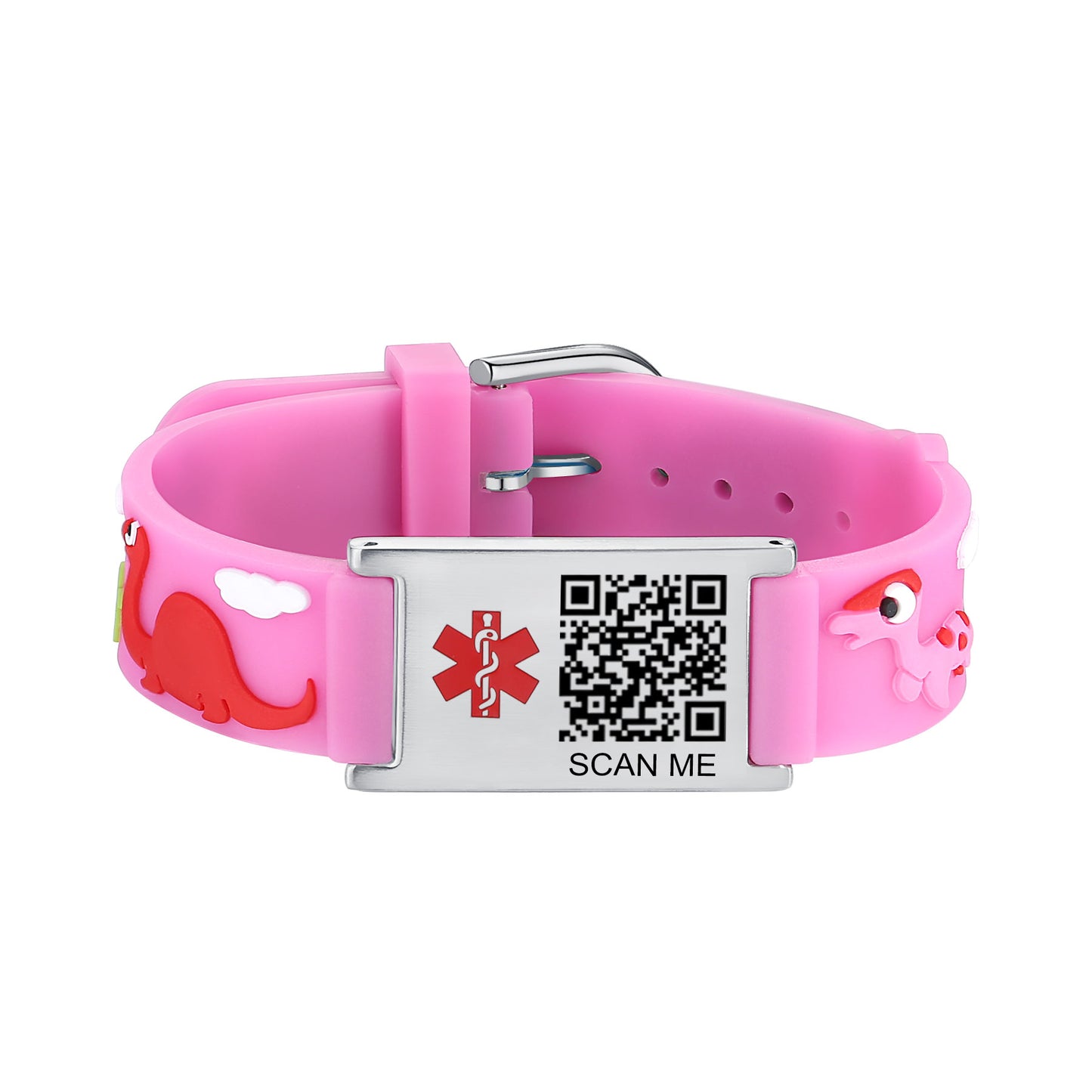 Cartoon dinosaur QR Code Medical Alert Bracelet for boys and girls kids  | digital health status page