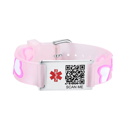 QR Code Medical Alert Bracelet for girls kids  | digital health status page no subscription needed (Cartoon heart )