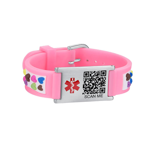 Cartoon Pink heart QR Code Medical Alert Bracelet for girls kids  | digital health status page no subscription needed