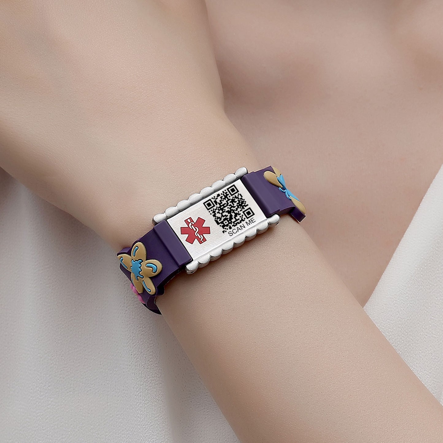 QR Code Medical Alert Bracelet for kids  | digital health status page no subscription needed（Butterfly）