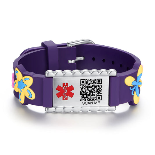 QR Code Medical Alert Bracelet for kids  | digital health status page no subscription needed（Butterfly）