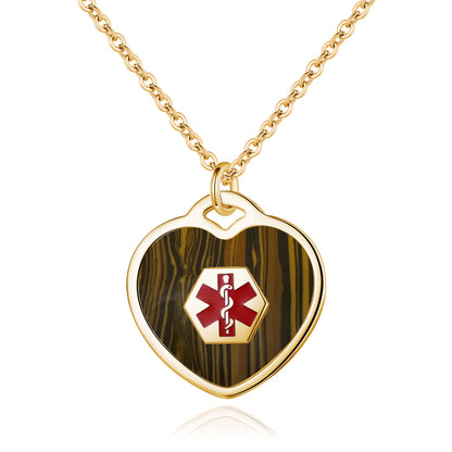 LinnaLove medical alert necklace for women customizable Heart set Wood Medical ID pendant with 24 in chain