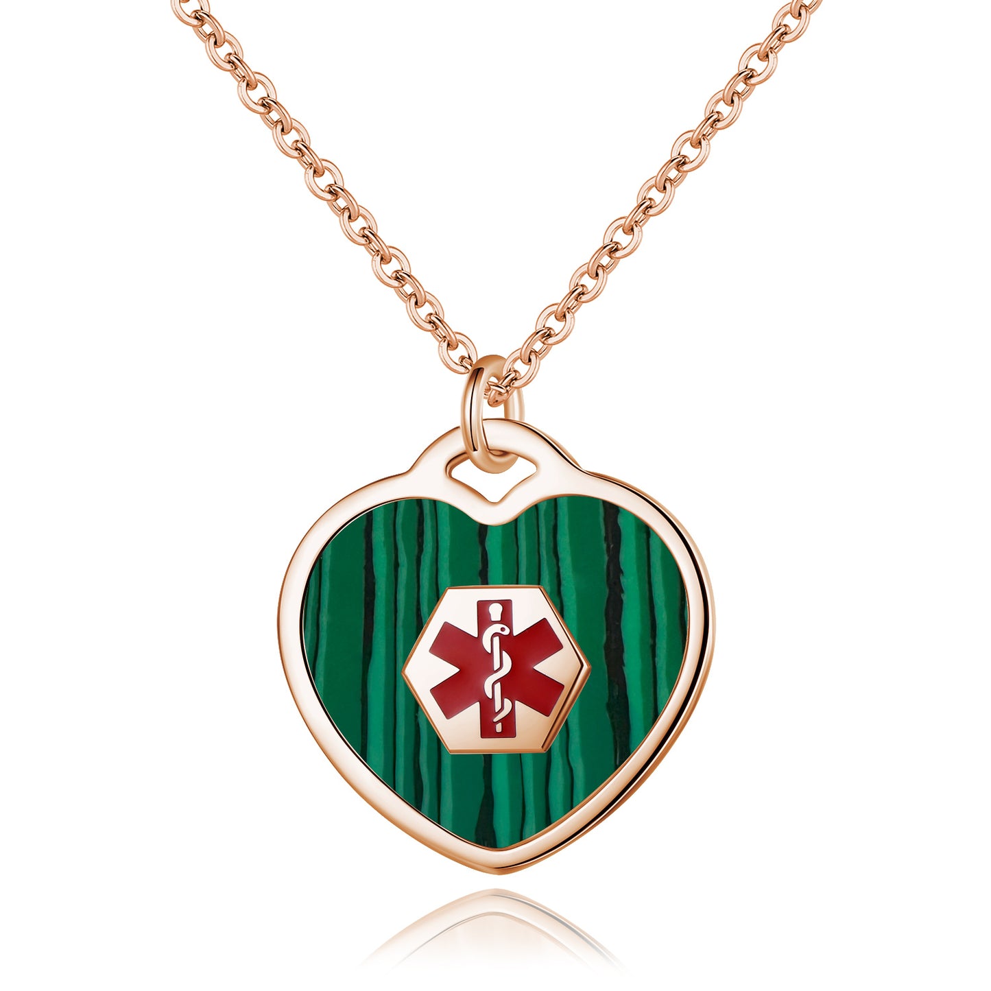 LinnaLove medical alert necklace for women customizable Heart set malachite Medical ID pendant with 24 in chain