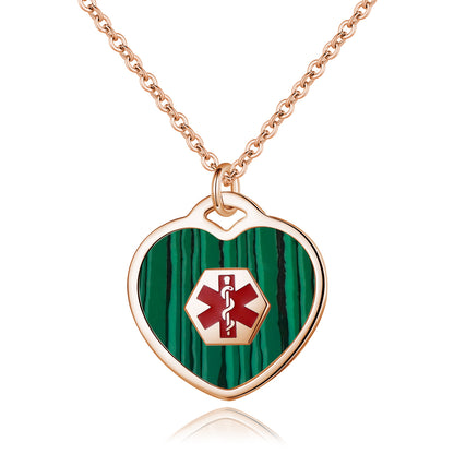 LinnaLove medical alert necklace for women customizable Heart set malachite Medical ID pendant with 24 in chain