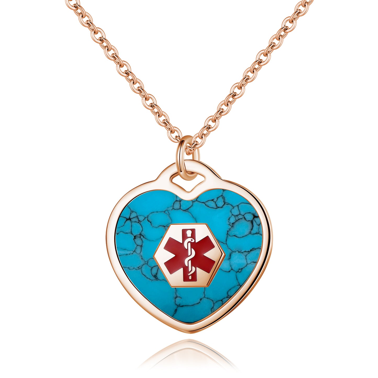 LinnaLove medical alert necklace for women customizable Heart set Turquoise Medical ID pendant with 24 in chain