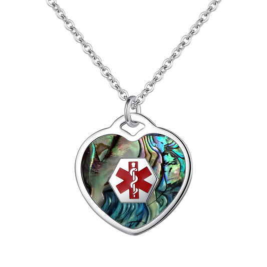 LinnaLove medical alert necklace for women customizable Heart set Abalone Medical ID pendant with 24 in chain