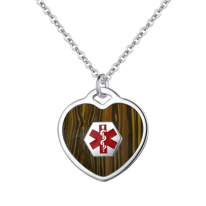 LinnaLove medical alert necklace for women customizable Heart set Wood Medical ID pendant with 24 in chain