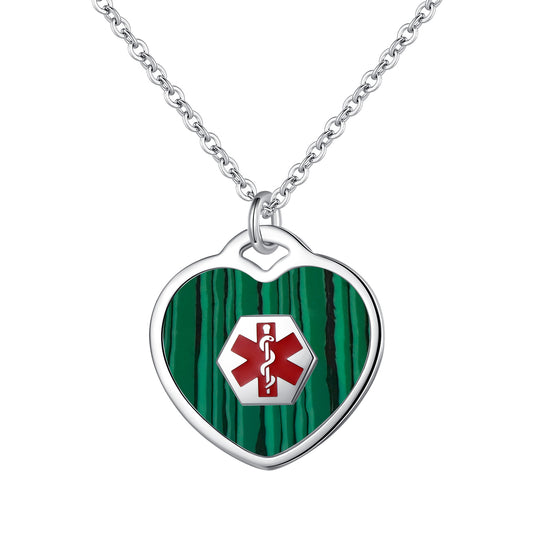 LinnaLove medical alert necklace for women customizable Heart set malachite Medical ID pendant with 24 in chain