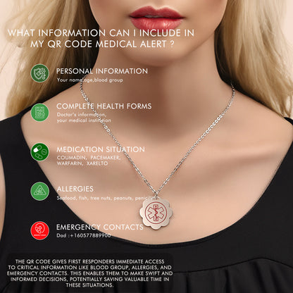 QR code medical id necklace for women and girls-Stainless steel heart,Flowers, stars, Butterfly charm id necklace