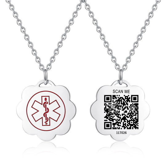 QR code medical id necklace for women and girls-Stainless steel heart,Flowers, stars, Butterfly charm id necklace