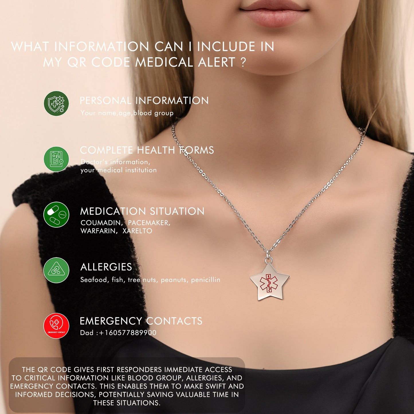 QR code medical id necklace for women and girls-Stainless steel heart,Flowers, stars, Butterfly charm id necklace