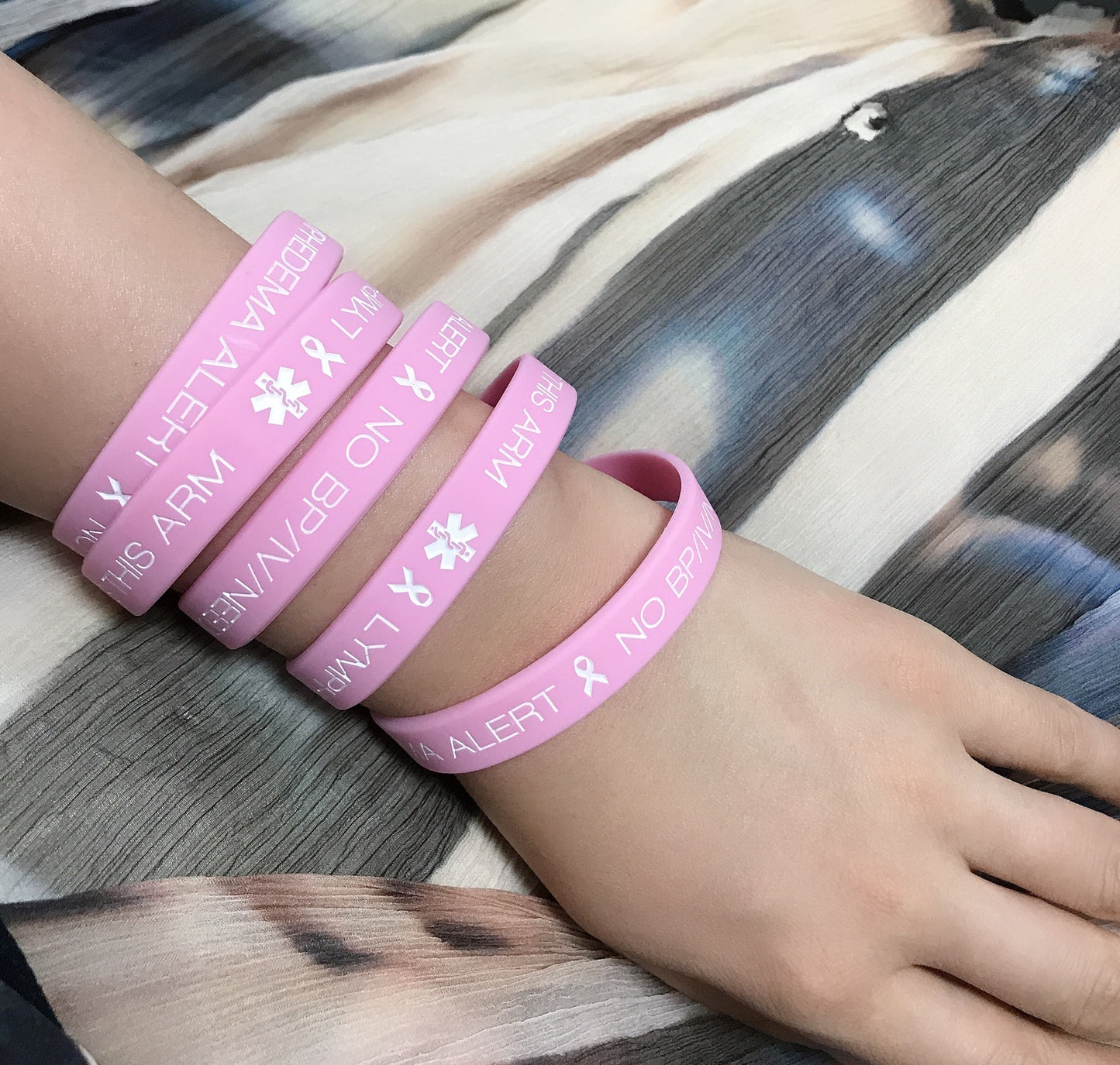 Pack of 5 Pink Ribbon Lymphedema Alert Bracelet for Women Breast Cancer Awareness Pink Ribbon Bracelets