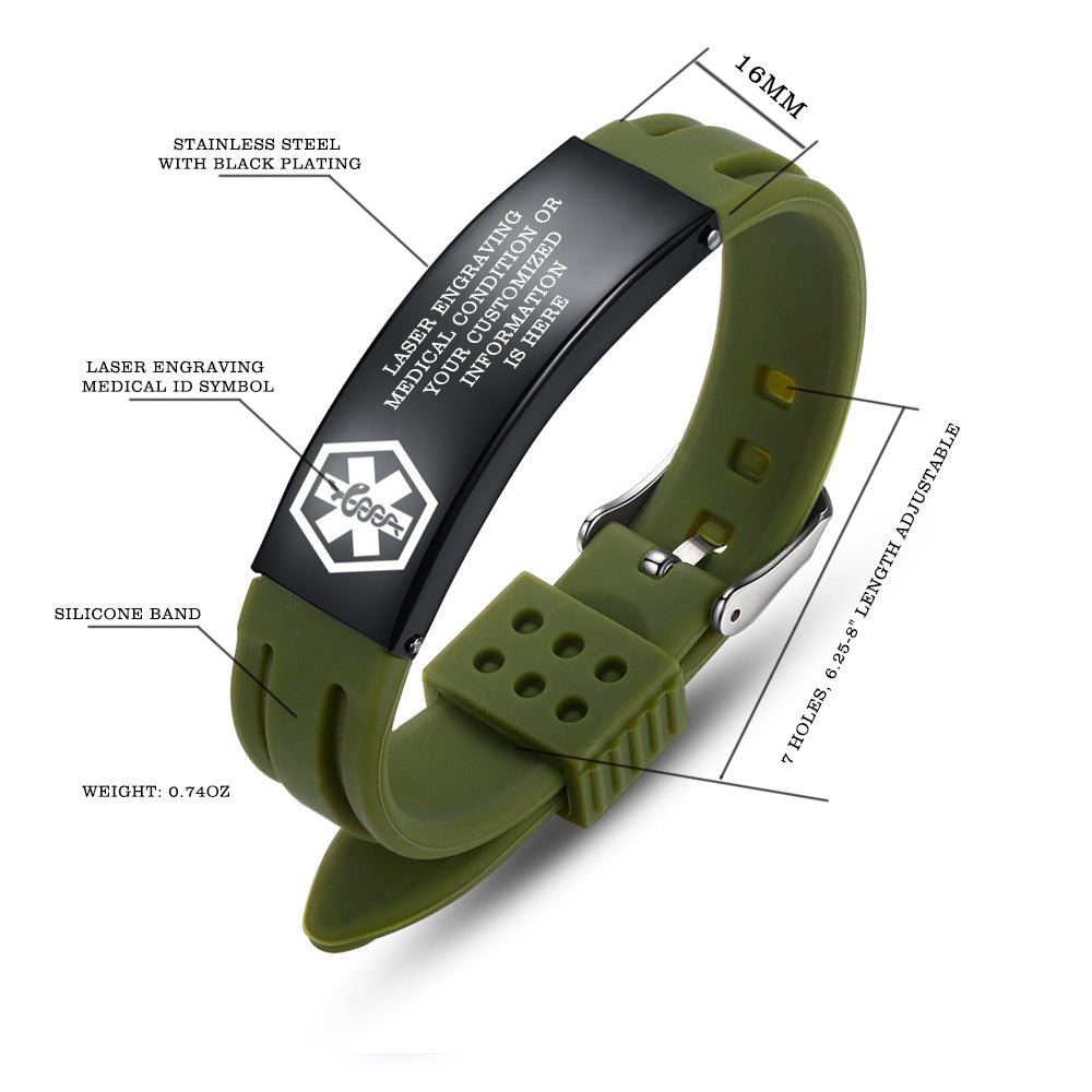 Sport Silicone Medical alert Bracelets for Men Personalized Free engraving-Adjustable/Waterproof