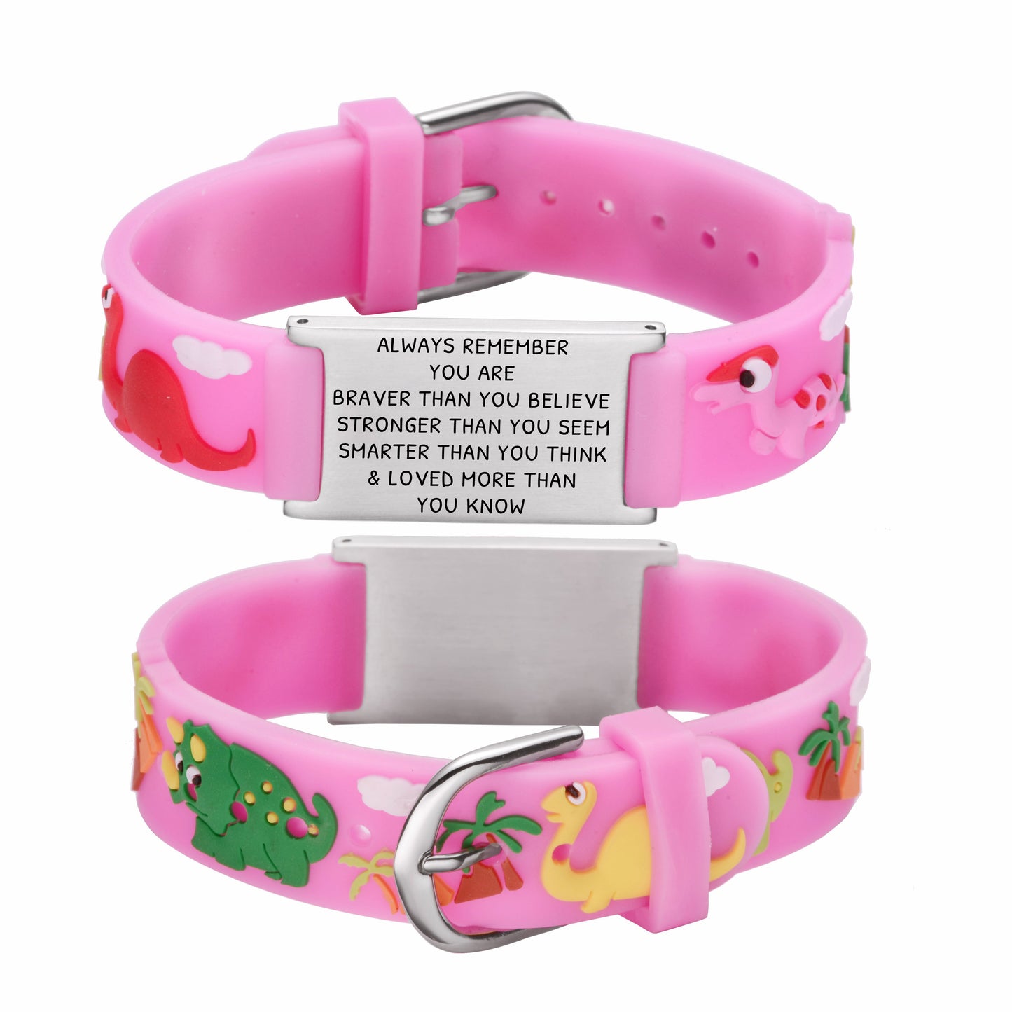You are Braver Than You Believe Stronger Than You Seem and Smarter Than You Think Inspirational Bracelet for kids-Pink-Dinosaur