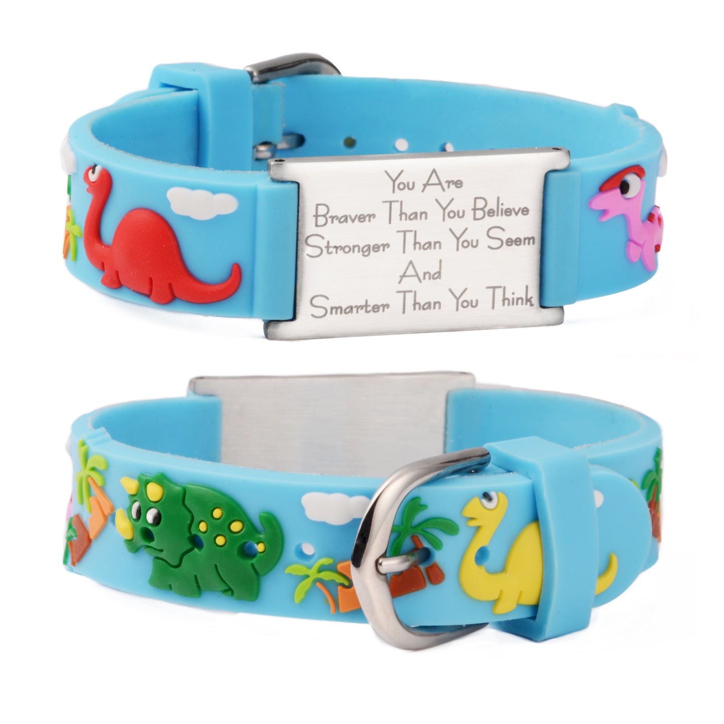 You are Braver Than You Believe Stronger Than You Seem and Smarter Than You Think Inspirational Bracelet for kids-Blue-Dinosaur