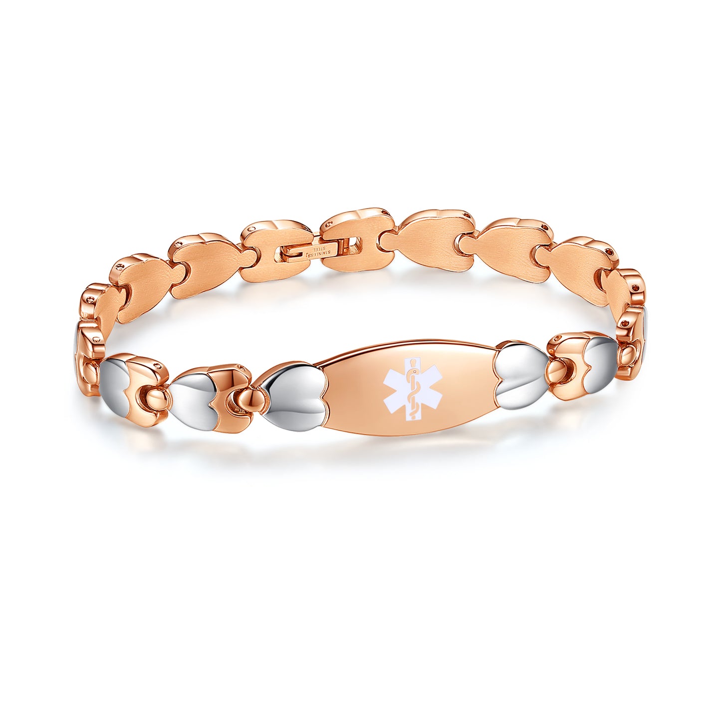 Free engraving Fashion Rose gold Double Heart Medical id bracelet for women