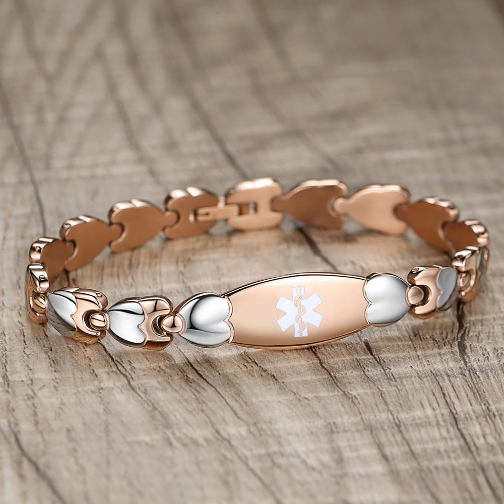 Free engraving Fashion Rose gold Double Heart Medical id bracelet for women