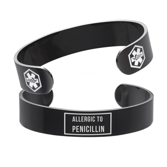 Black Medical Alert Cuff Bracelet-Allergic to Penicillin